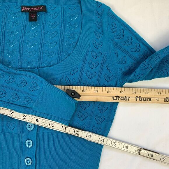 Betsey Johnson Vintage 90s y2k Button Cardigan S Blue Crochet Knit Sweater Crop - Picture 8 of 9